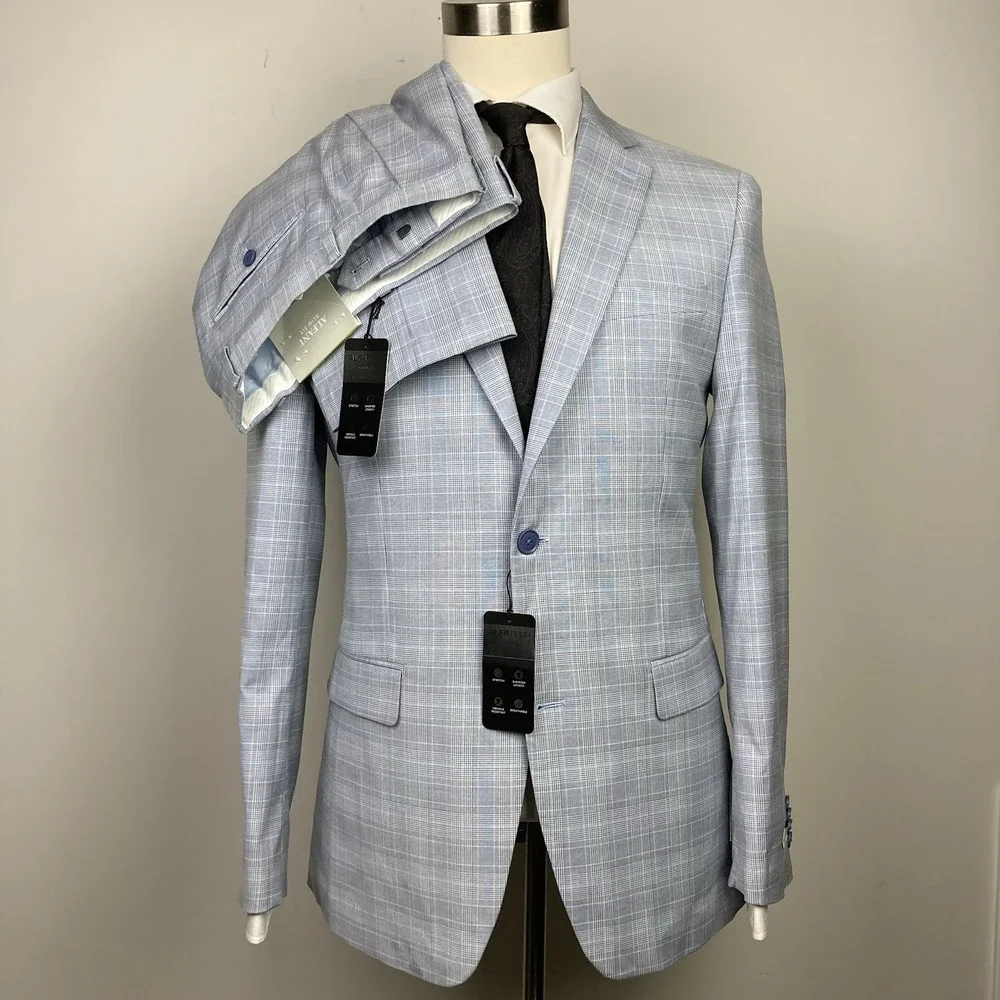Alfani Men's Slim-Fit 2-pc Suit Jacket Stretch Plaid Size 38L Pants 30Wx30L Blue